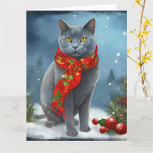 Tarjeta Gato azul ruso en Navidades de nieve