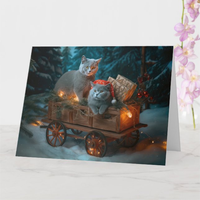Tarjeta Gato Azul Ruso Sleigh Nevado Decoración Navideña (Orquídea)