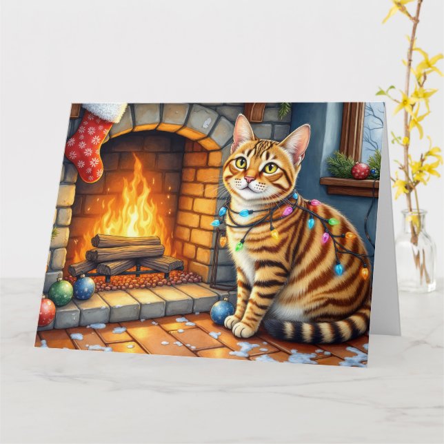 Tarjeta Gato Bengal Chimenea con Luces de Navidad (flor amarilla)