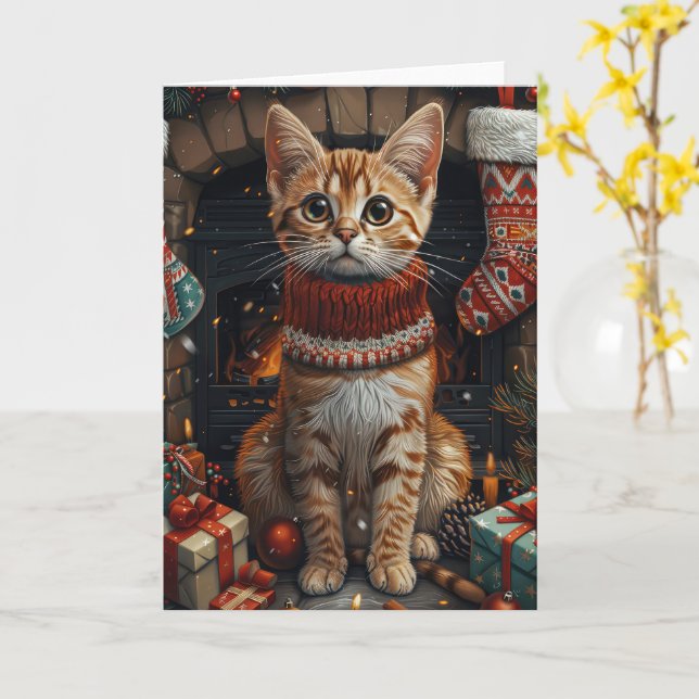 Tarjeta Gato Bengal con regalos de Navidad Chimenea (flor amarilla)