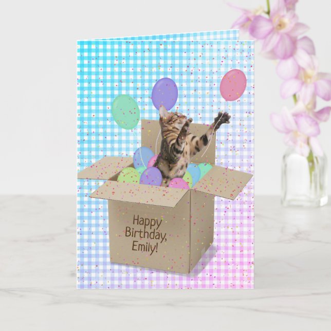 Tarjeta Gato Bengal en caja de cumpleaños (Orquídea)