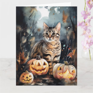 Tarjeta Gato Bengal Halloween Con Calabazas Espeluznante
