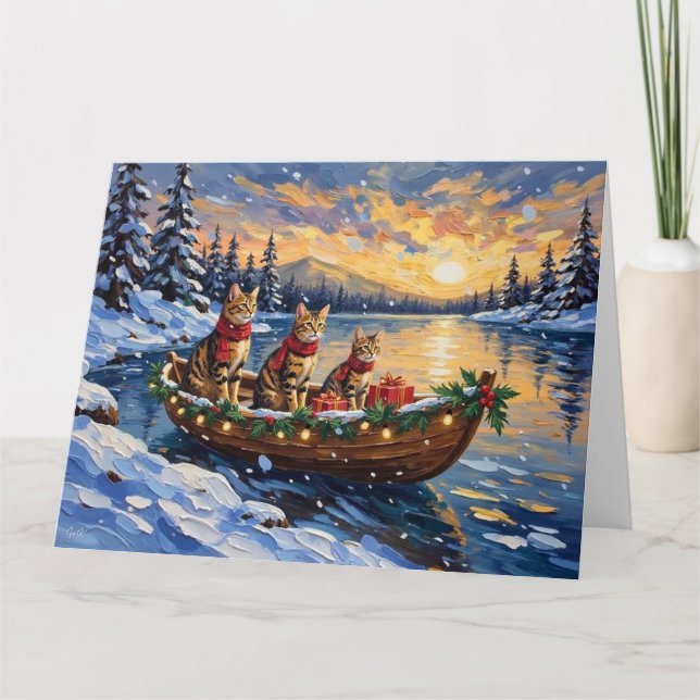 Tarjeta Gato Bengal Navidad Barco Fiesta (Anverso)