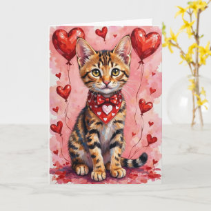 Tarjeta Gato Bengal San Valentín Sentado con Corazones Roj