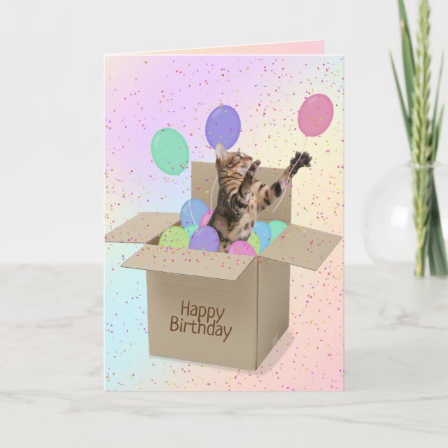 Tarjeta Gato bengalí en caja de cartón con globo de cumple (Anverso)