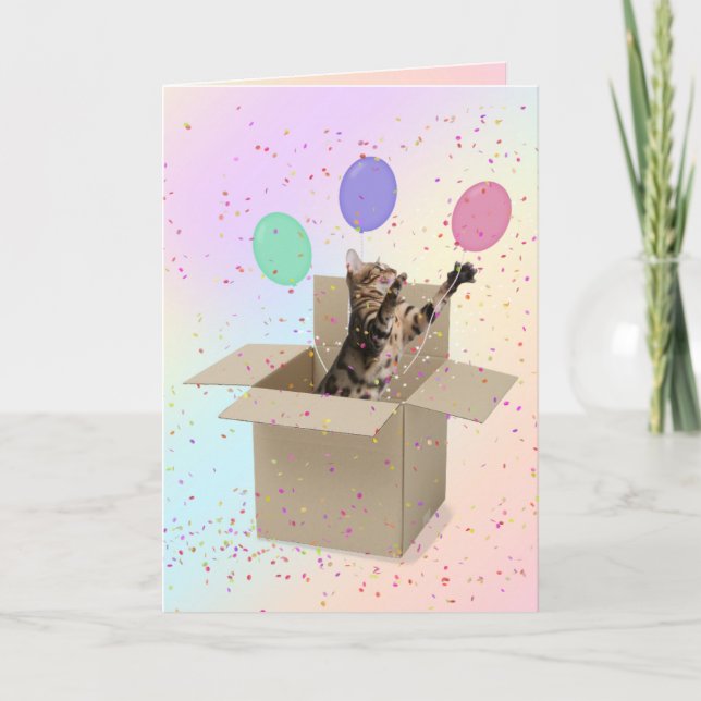Tarjeta Gato bengalí en la caja de cartón cumpleaños (Anverso)