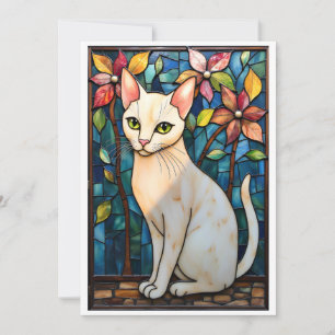 Tarjeta Gato blanco con flores planas al estilo de vidrio