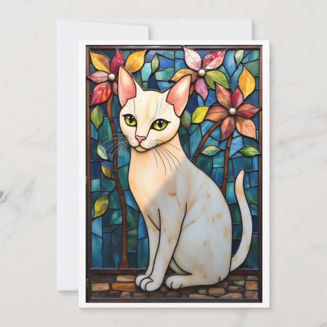 Tarjeta Gato blanco con flores planas al estilo de vidrio  (Anverso)
