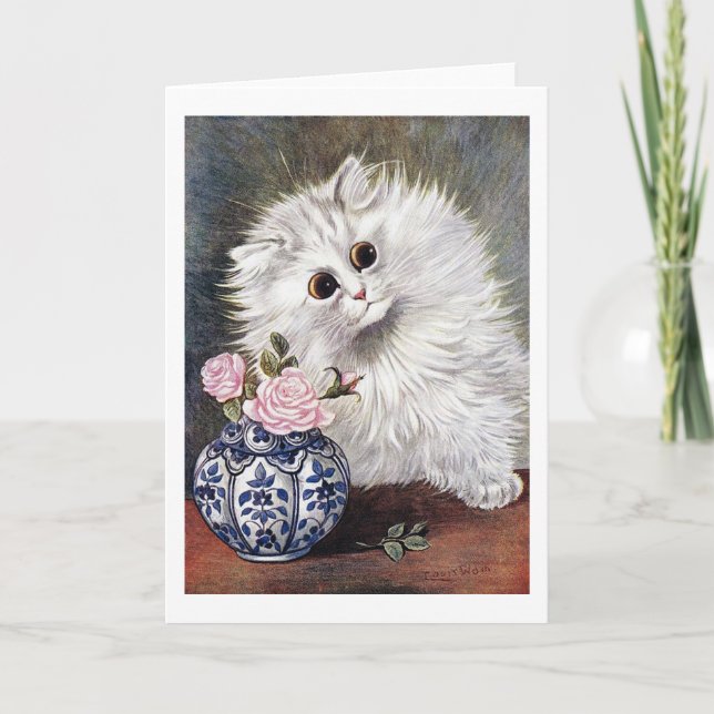 Tarjeta Gato blanco con rosas rosadas, Louis Wain (Anverso)