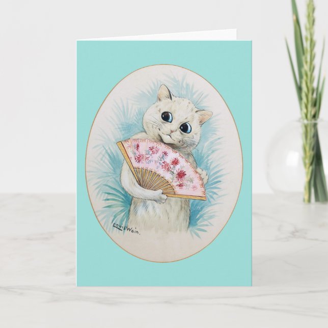 Tarjeta Gato blanco con ventilador, Louis Wain (Anverso)