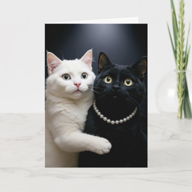 Tarjeta Gato blanco de cumpleaños abrazando a un gato negr (Anverso)