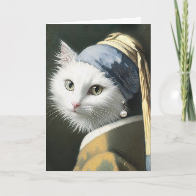 Tarjeta Gato blanco de cumpleaños con pintura de Pearl Ear (Anverso)