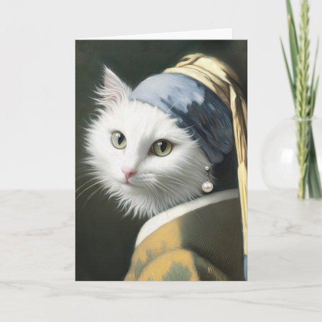 Tarjeta Gato blanco de cumpleaños con pintura de Pearl Ear (Anverso)