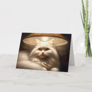 Tarjeta Gato Blanco De Cumpleaños Sentado En Lámpara Cálid