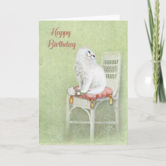 Tarjeta gato blanco de cumpleaños y rosas en almohada (Anverso)