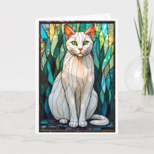 Tarjeta Gato blanco de estilo vitral con ojos verdes