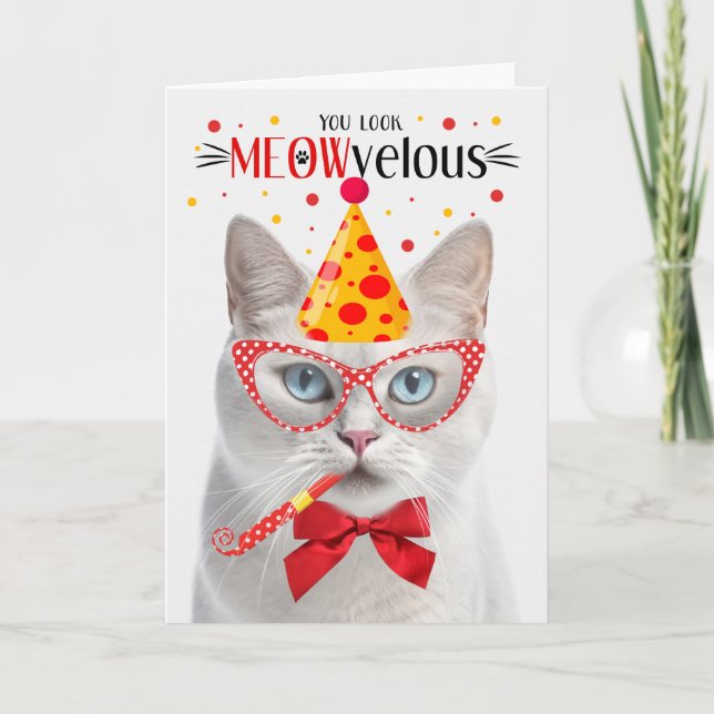 Tarjeta Gato blanco de ojos azules MEOWveloz cumpleaños (Anverso)