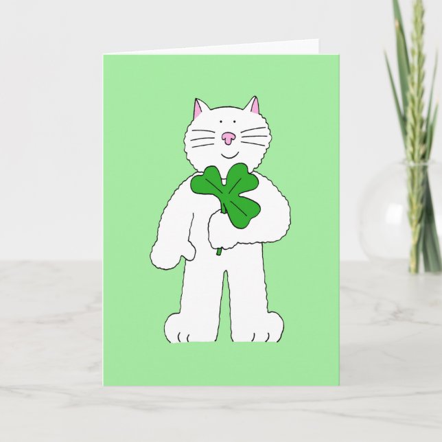 Tarjeta Gato blanco del Día de San Patricio con Shamrock (Anverso)