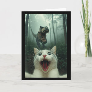 Tarjeta Gato Blanco Divertido Selfie Con Dinosaurio T-Rex,