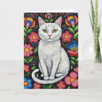Gato blanco en flores coloridas del arte popular