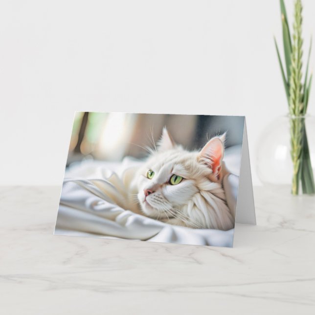 Tarjeta Gato Blanco En La Cama Pensando En Ti (Anverso)