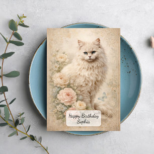 Tarjeta Gato Blanco Esponjoso con Rosas