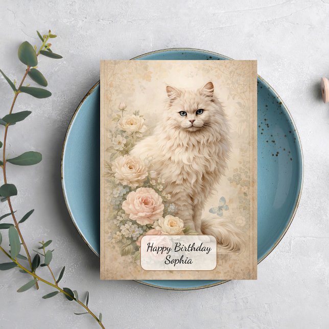 Tarjeta Gato Blanco Esponjoso con Rosas (Subido por el creador)