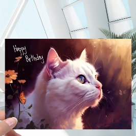Tarjeta Gato blanco gitano con flores + cumpleaños con mar