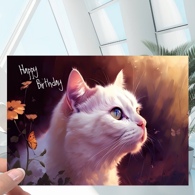 Tarjeta Gato blanco gitano con flores + cumpleaños con mar (Subido por el creador)