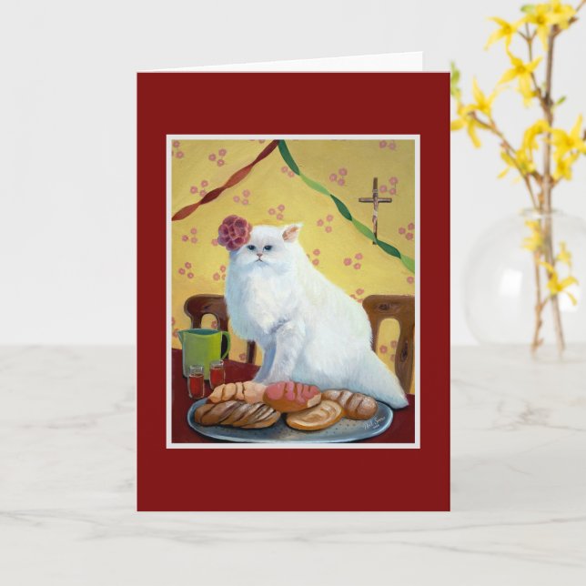 Tarjeta Gato blanco inspirado por la gente en México (flor amarilla)