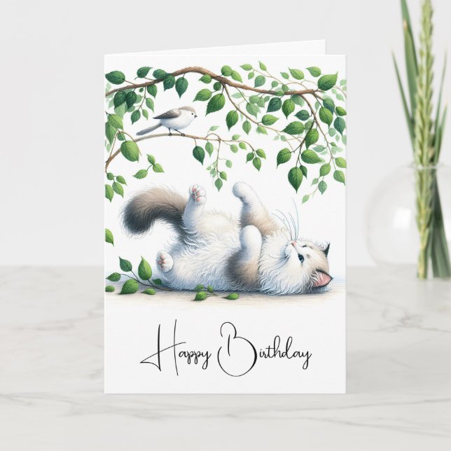 Tarjeta Gato blanco juguetón con cumpleaños de pájaro (Anverso)