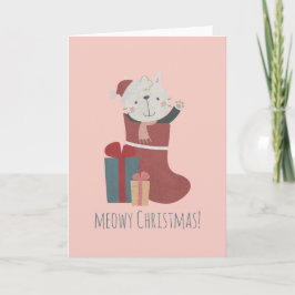 Tarjeta Gato blanco lindo en calcetines de Navidad