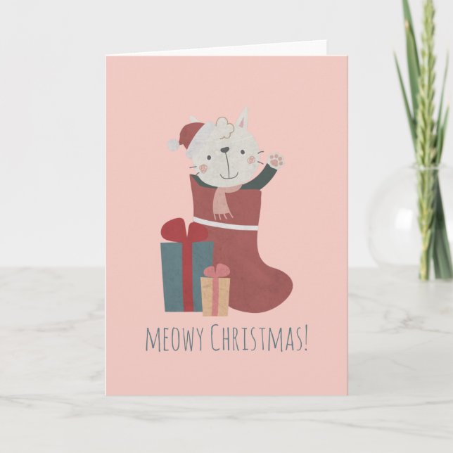 Tarjeta Gato blanco lindo en calcetines de Navidad (Anverso)