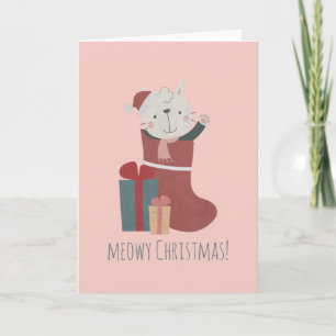Tarjeta Gato blanco lindo en calcetines de Navidad