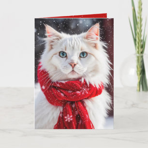 Tarjeta Gato blanco navidad con bufanda roja