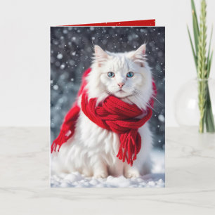 Tarjeta Gato blanco navidad con bufanda roja