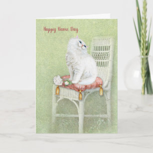 Tarjeta gato blanco persa en la silla Día del nombre