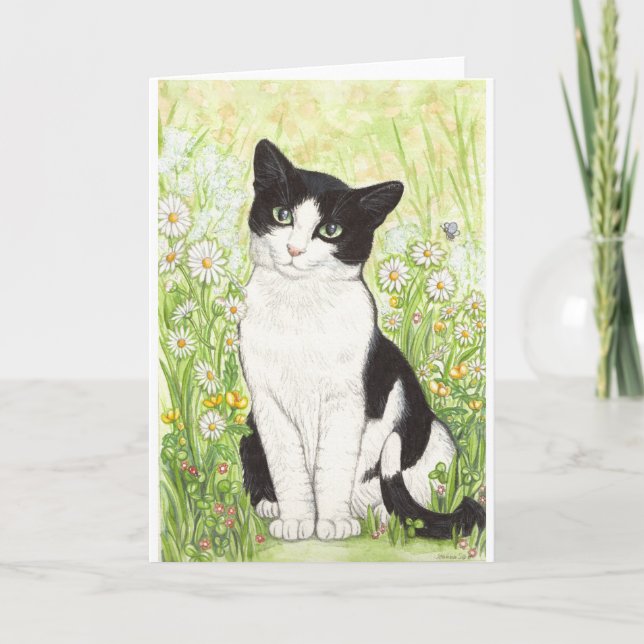 Tarjeta Gato blanco y negro con las margaritas (Anverso)