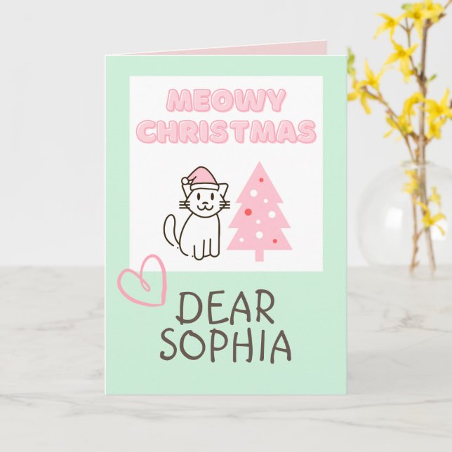 Tarjeta Gato Bonito con Gorro de Santa y Árbol de Navidad  (flor amarilla)