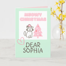 Tarjeta Gato Bonito con Gorro de Santa y Árbol de Navidad 