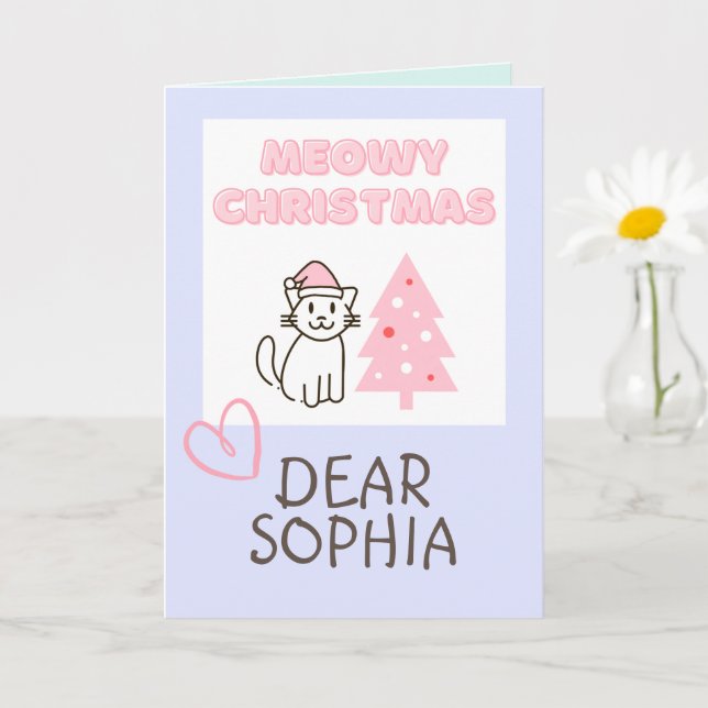 Tarjeta Gato Bonito con Gorro de Santa y Árbol Navidad Pas (Planta pequeña)