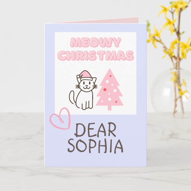 Tarjeta Gato Bonito con Sombrero de Santa y Árbol de Navid (flor amarilla)