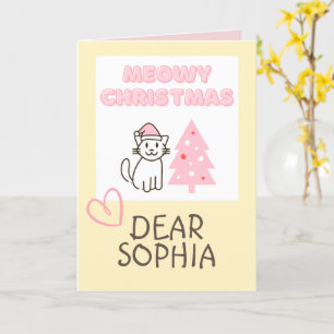 Tarjeta Gato Bonito con Sombrero de Santa y Árbol Meowy Na