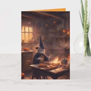 Tarjeta Gato bruja hace una sopa de Halloween y un poema