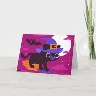 Tarjeta Gato Bruja Lindo Vuela en Escoba Halloween Kawaii
