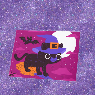 Tarjeta Gato Bruja Lindo Vuela en Escoba Halloween Kawaii