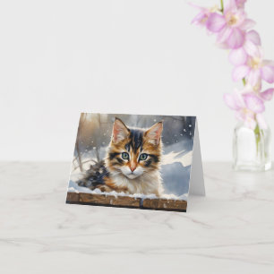 Tarjeta Gato Calico Adorable en la Nieve Saludo en Blanco 