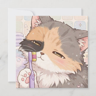Tarjeta Gato calico anime con cepillo de dientes
