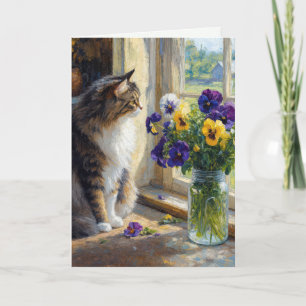 Tarjeta Gato Calico con Ramo de Pensamientos
