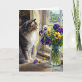 Tarjeta Gato calico de cumpleaños con ramo de pensamiento 